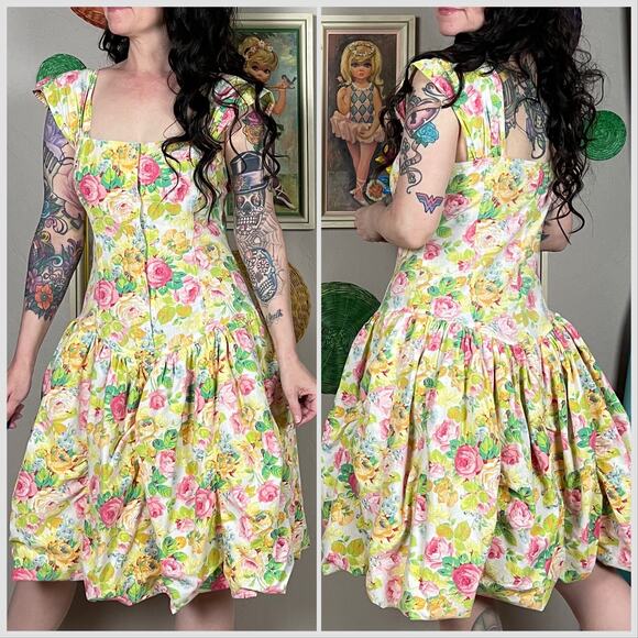 Vintage 1980s Yellow Floral Sleeveless Bubble Hem Bustled Sundress - Picture 4 of 7